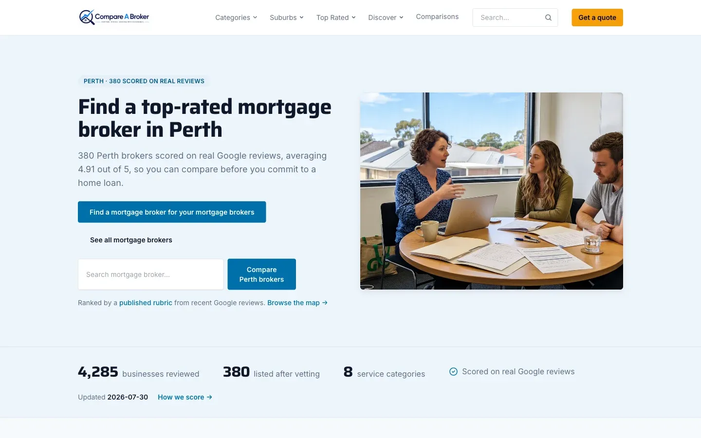 Compare Brokers homepage, showing Perth mortgage brokers scored on real Google reviews so borrowers can compare before committing.